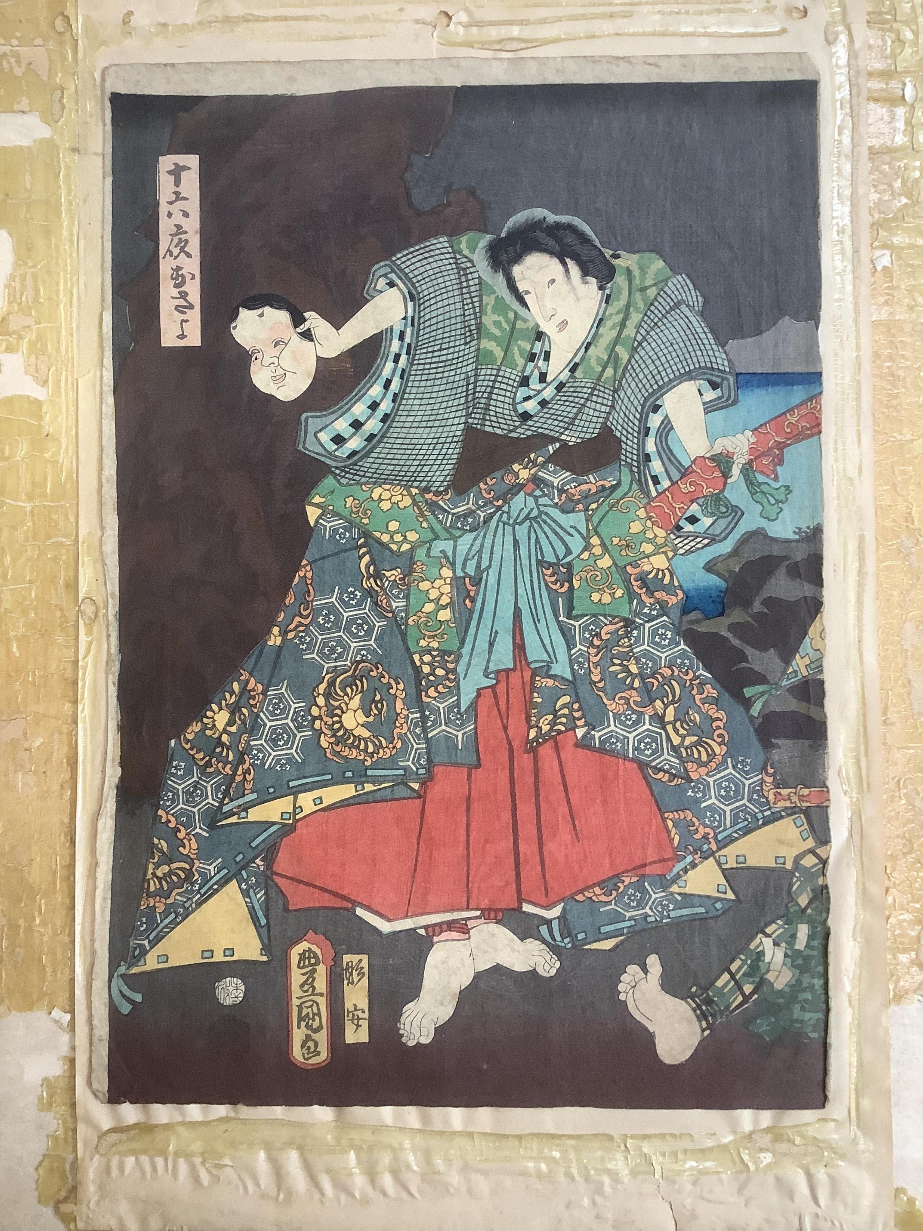 Utagawa Kunisada (Japanese, 1786-1865), woodblock print, ‘Sagokumeotoshi’, 37 x 26cm. Condition - woodblock fair to good, tabbed at the top but not laid down, old glue remains on the mount only